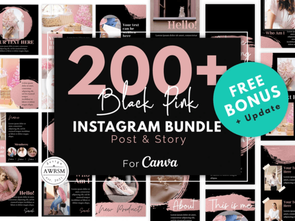 200 Black Pink Instagram Boost Bundle: Graphics & Social Media Templates