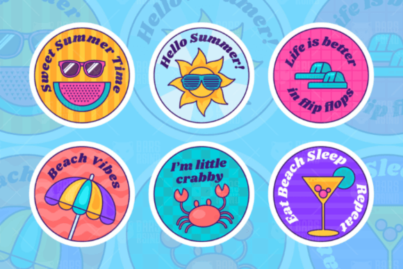 Cute Vector Outline Cartoon Hello Summer Stickers for Branding