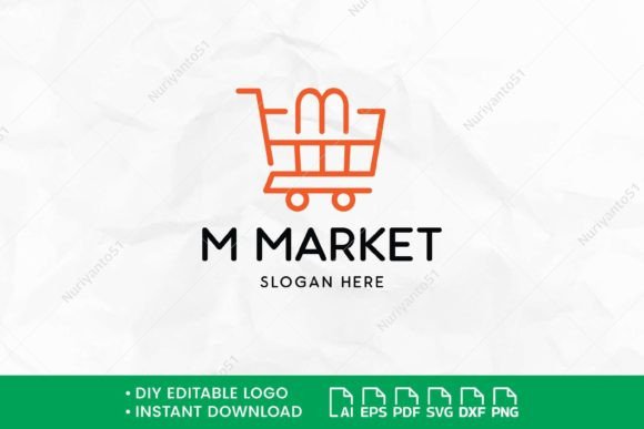 Letter Initial M Shopping Cart Line Logo for Crafting and Business Graphics